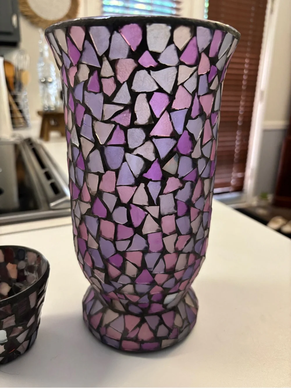 Vintage Mosaic Glass Hurricane Candle Holder Set Home Interiors Purple & Pink